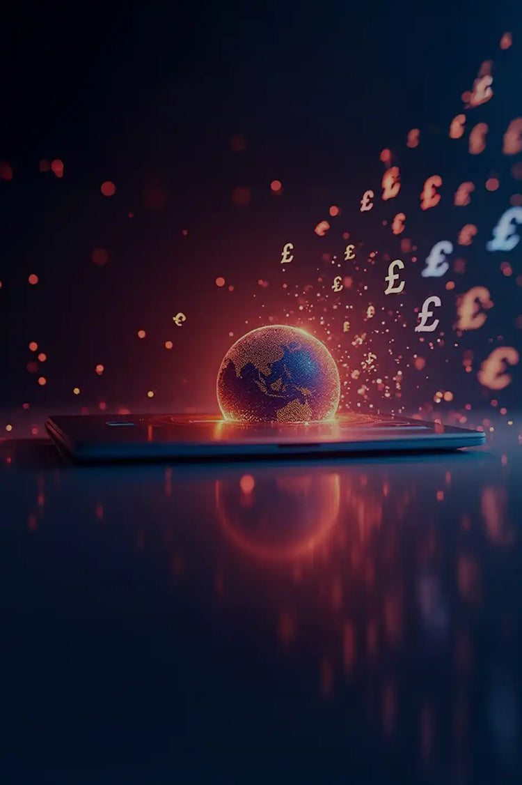 Een digitale wereldbol die gloeiende deeltjes uitstraalt, met stijgende pond symbolen eruit.