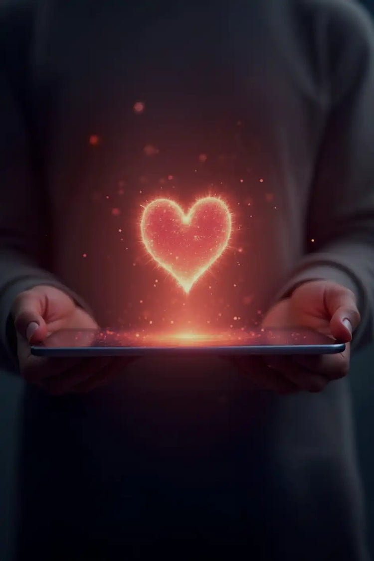 Een gloeiende rode hart zwevend boven een tablet vastgehouden door handen.