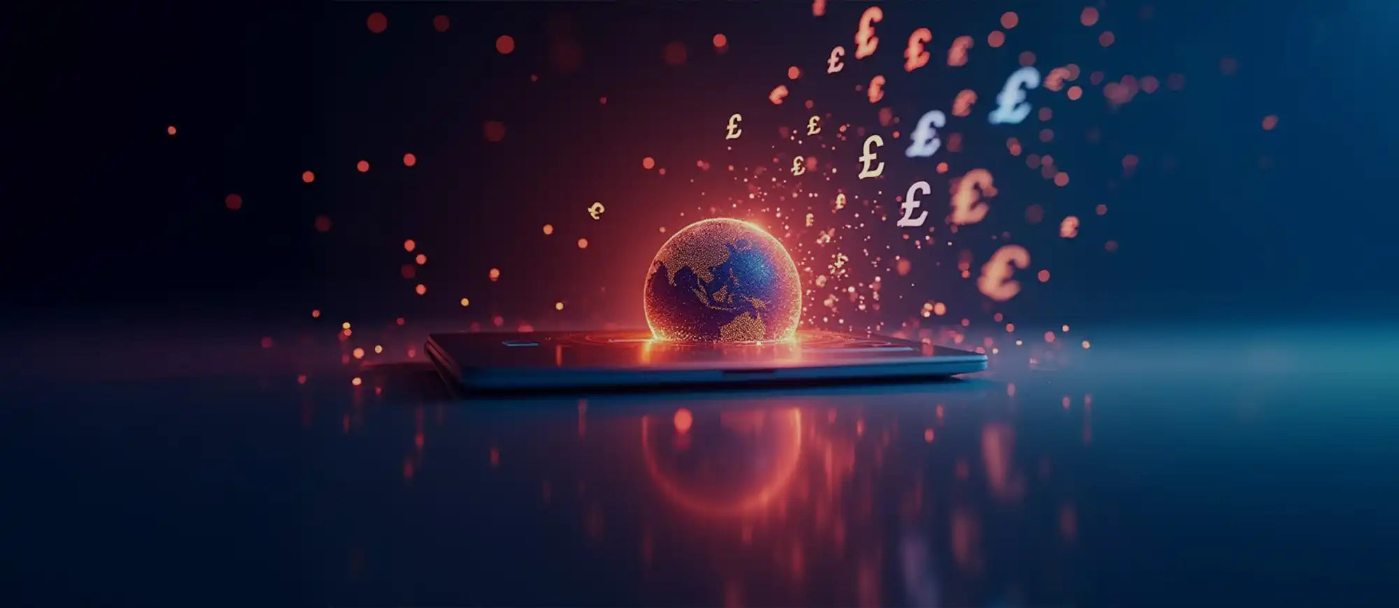 Een smartphone met een gloeiende wereldbol en zwevende valutasymbolen.