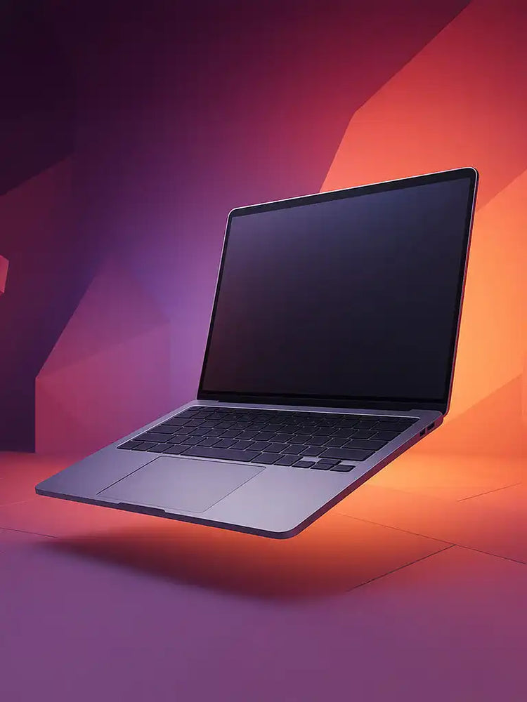 Strakke, zilveren laptop met een donker scherm en toetsenbord.