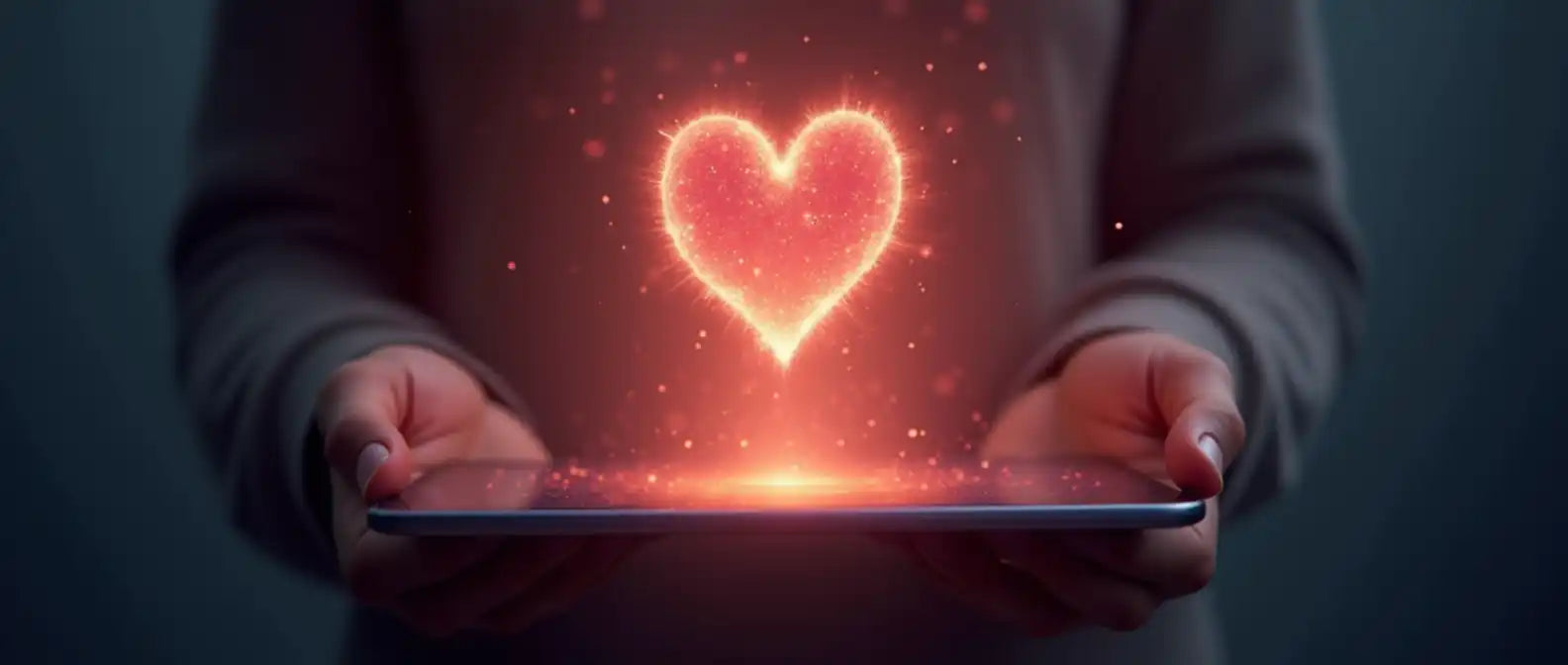 Een tablet die een gloeiende, etherische rode hart displayt.